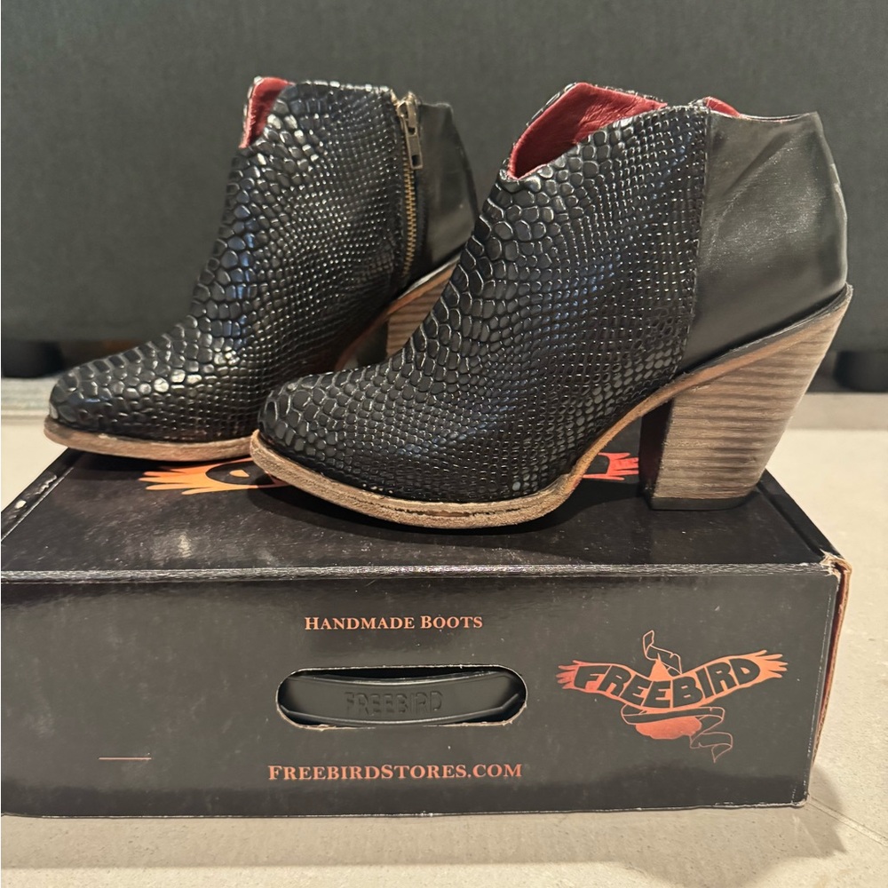 Freebird Detroit black snakeskin women’s booties